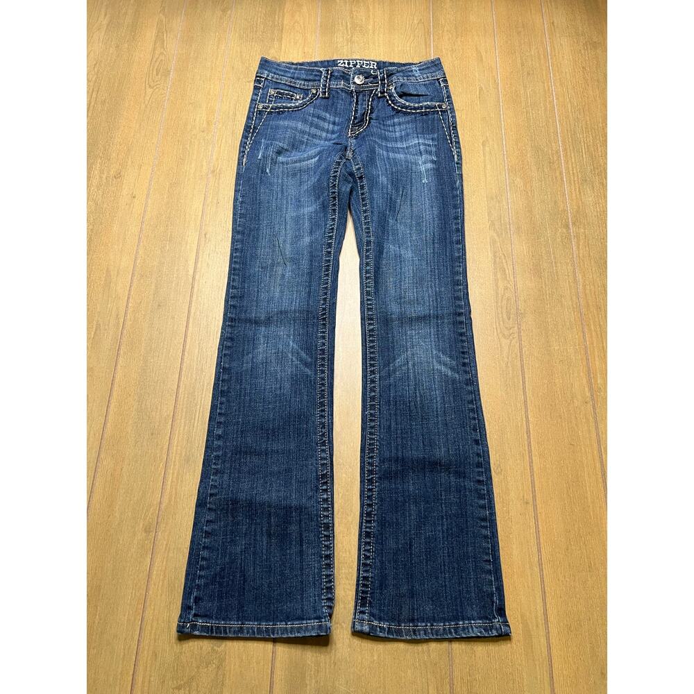 Zipper Y2K Bootcut Jeans Womens‎ Size 9 Blue Rhinestone Flap Pockets 27x30